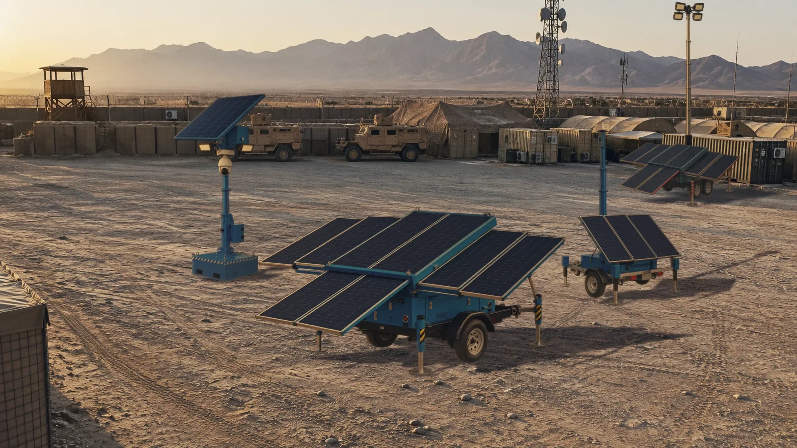 Integrity iGen, Guardian, iGuard and ISLT mobile solar power and surveillance units deployed at a desert forward operating base