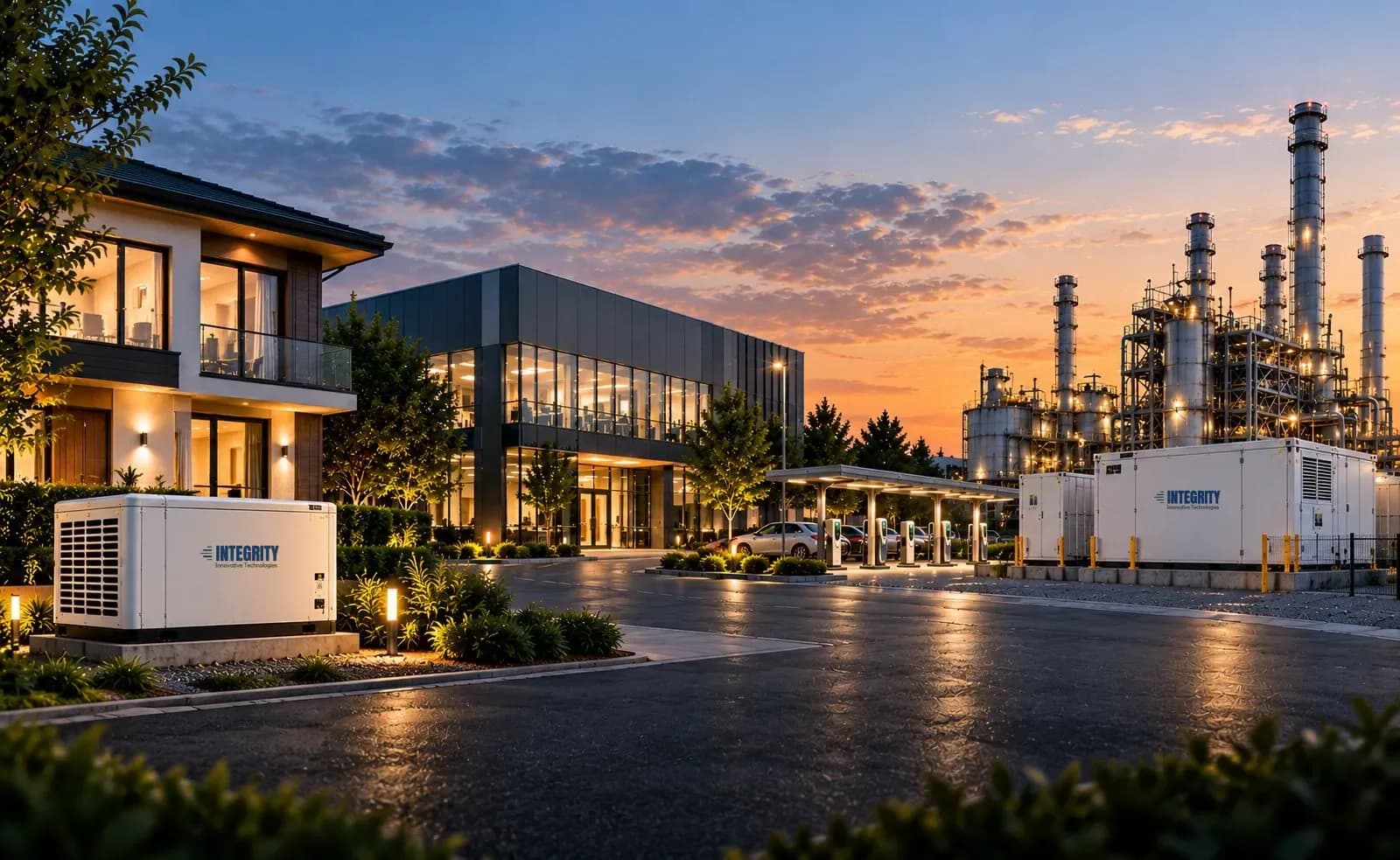 Residential building, commercial office, and industrial energy facility at dusk