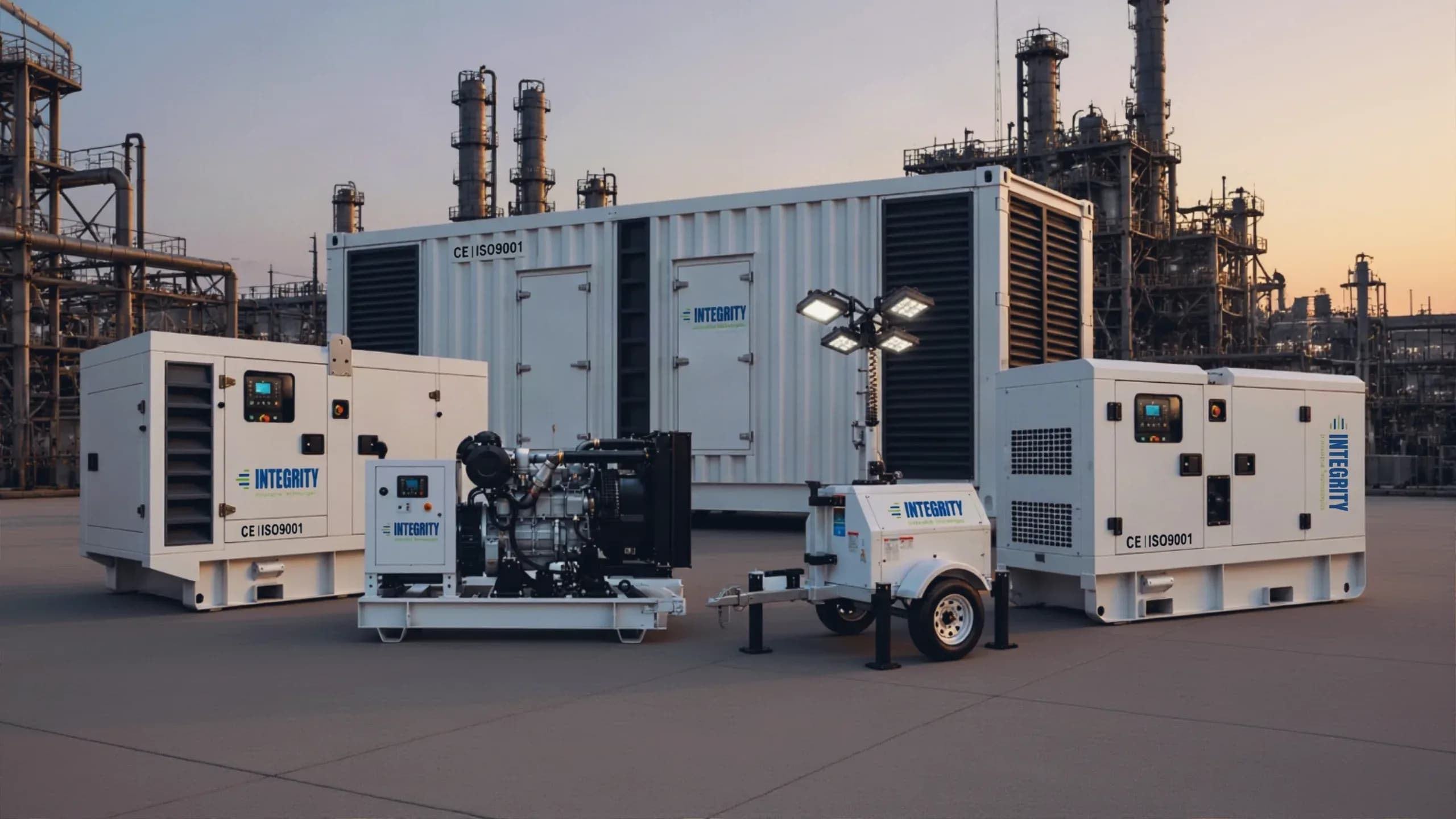 Integrity diesel generators and a mobile light tower at an industrial refinery site at dusk