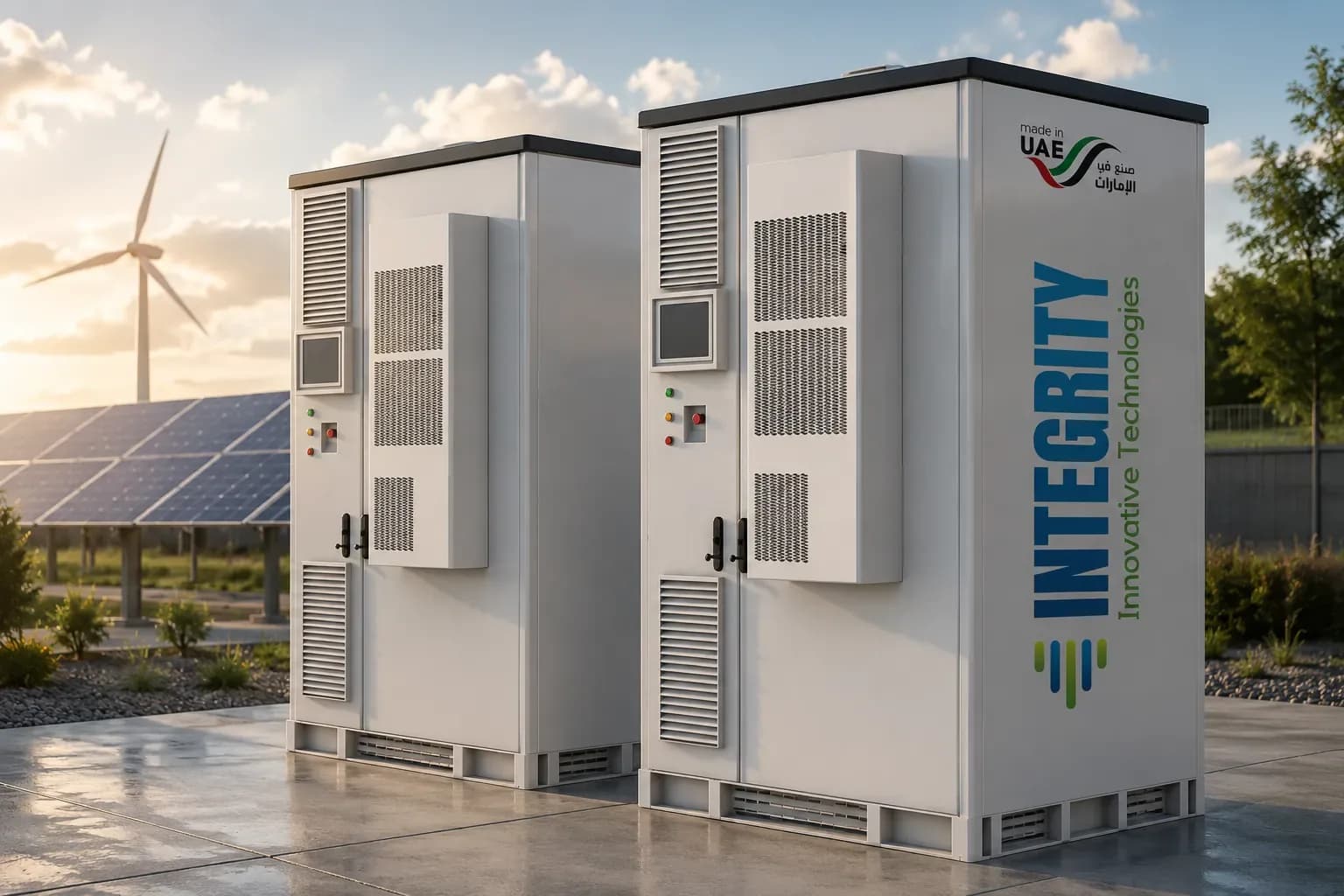 White containerized battery energy storage unit beside a solar array and wind turbine at sunset