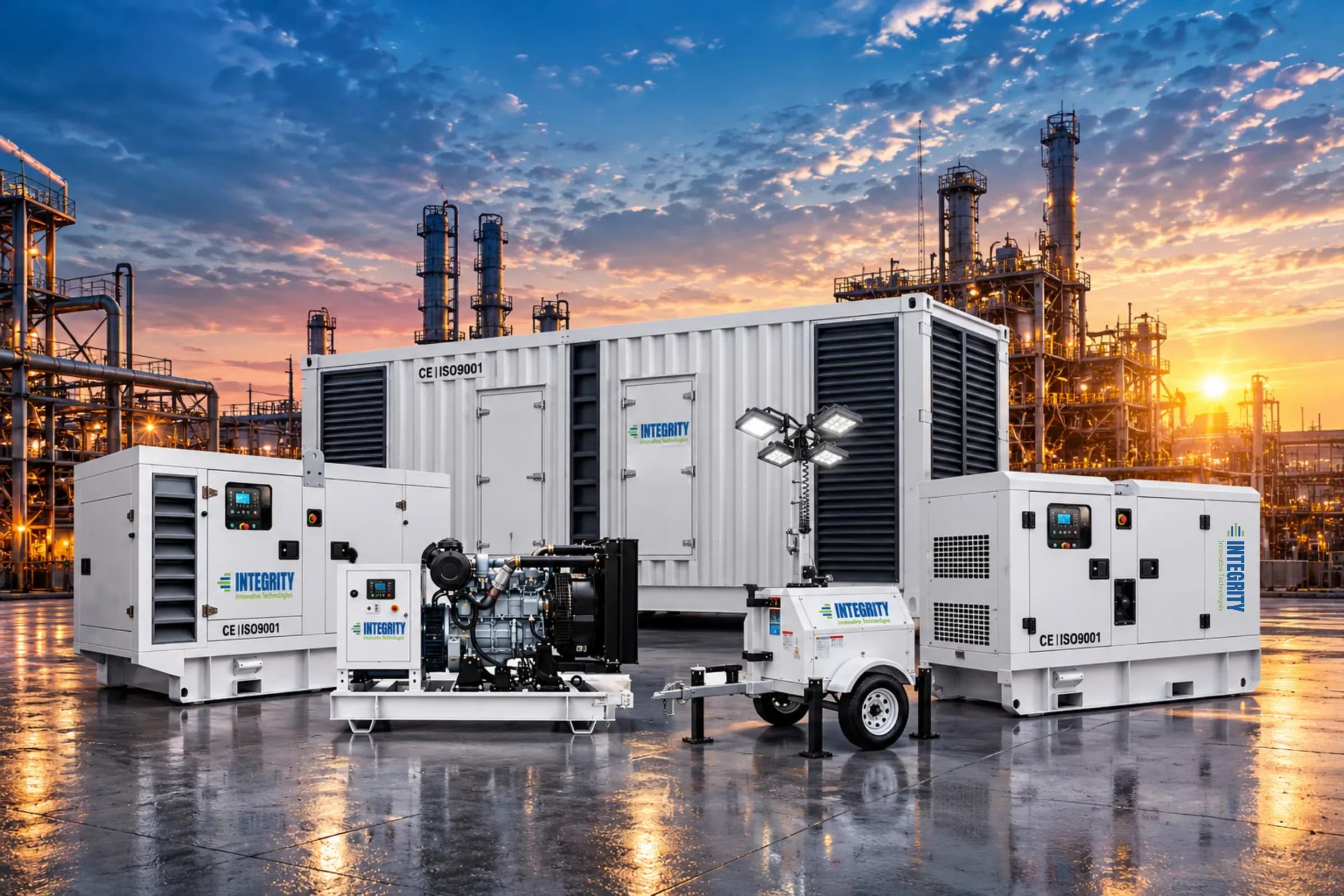 Integrity diesel generator with its engine revealed, at an industrial site at dusk
