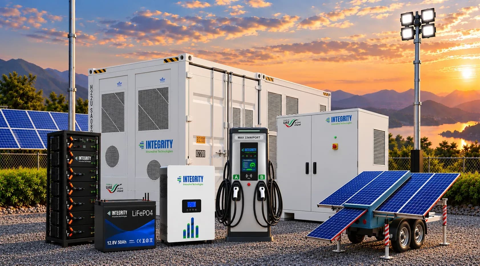 Integrity's product range at sunset: a containerised battery system, rack, wall and LiFePO4 batteries, a dual-port EV charger, an outdoor cabinet and a mobile solar trailer