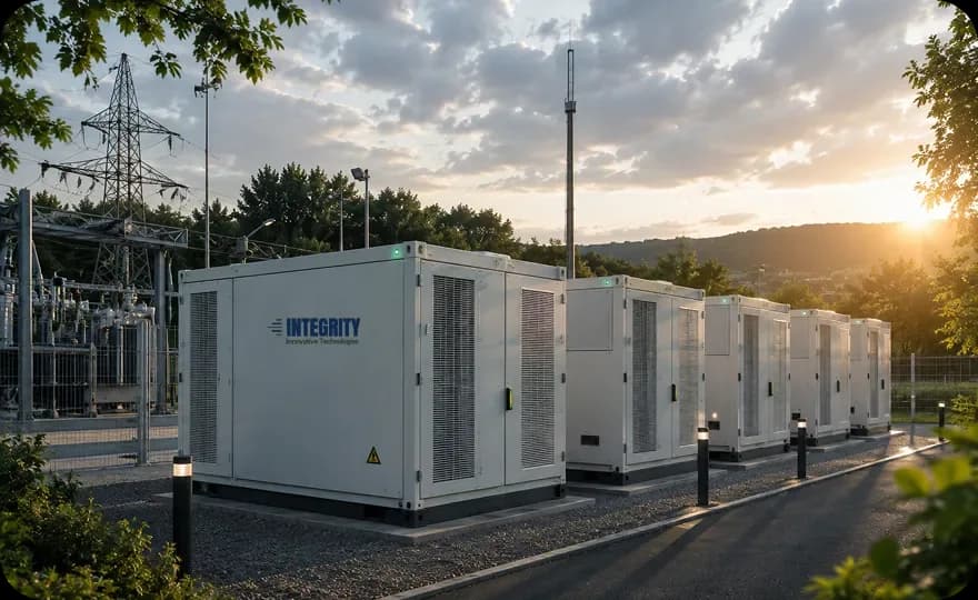 Row of Integrity IntegriStore 20-foot battery storage containers beside a high-voltage substation at golden hour